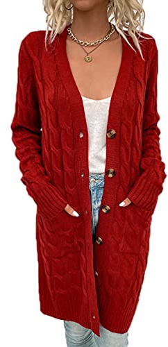 Xinwcang Cárdigan Largo para Mujer, Suéter de Punto Frente Abierto Jersey con Bolsillos, Abrigo de Manga Larga - Rojo Oxido,S