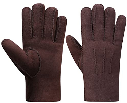 Harssidanzar Guanti in pelle da Uomo,Pelle di pecora Shearling Pelliccia Cuff Caldo Foderato Spessore Lana Caldo Per Inverno Freddi Guanti KM043,Marrone,S