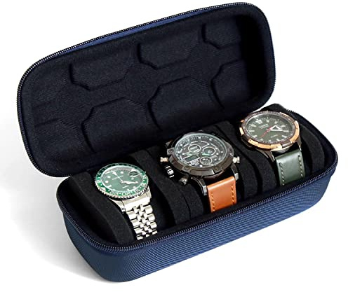 Besforu Organizador de caja de reloj para hombres o mujeres, estuche de viaje de 3 relojes, soporte portátil para relojes de pulsera y relojes inteligentes de hasta 61 mm