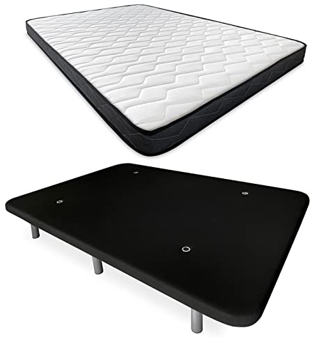 Somnia Descanso - Cama Completa con Colchón Versalles Reversible + Base Tapizada Reforzada Color Negro con 6 Patas Metálicas Roscadas, 135 x 190