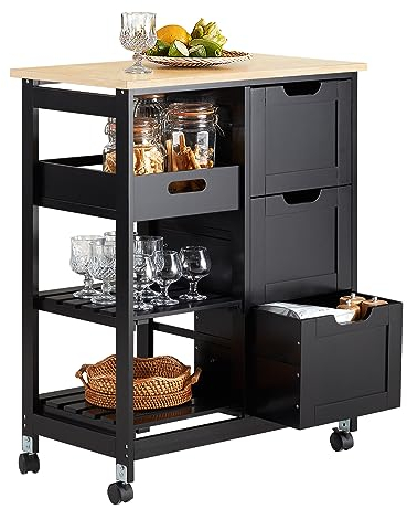 SoBuy Carrito Auxiliar con Ruedas, Carrito Cocina con 3 Cajones y 3 Estantes, Mueble Auxiliar de Cocina, Mueble Cocina Auxiliar Negro 68x38x85 cm, FKW79-SCH