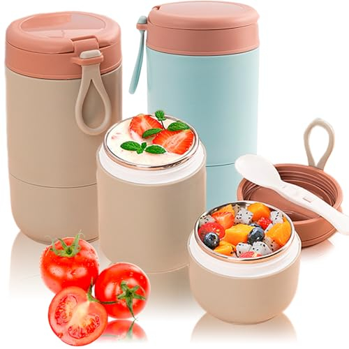 2 Pcs Thermobehälter Für Essen 730ml, Thermobehälter Mit Griff, Müslibecher To Go, Joghurtbecher To Go Löffel, Doppelschicht Müslibecher Auslaufsicherer Joghurtbecher Für Arbeit Schule Picknick Reise