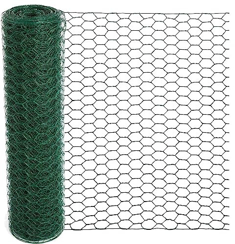 Chicken Wire 15.7 x 315 Inches Chicken Wire Fencing Mesh Green PVC Coated Floral Chicken Wire for Crafts Poultry Garden, Hexagonal Galvanized Chicken Coop Rabbit Wire Fencing NettingF