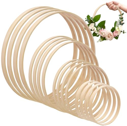 16 Pezzi Cerchio in Legno per Acchiappasogni, Anelli a Cerchio in Legno di Bambù per Decorazioni Bricolage, Macramè, Ghirlande Nuziali, Artigianato da Appendere alla Parete (4 Misure, 10/15/20/26cm)
