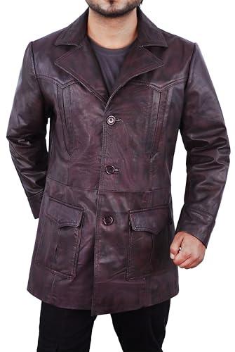 Fashion_First Cappotto da uomo marrone in vera pelle di agnello morbida – giacca da uomo in pelle di media lunghezza 3/4 rossa, Marrone Vintage - Giacca Chris Evans, XXL