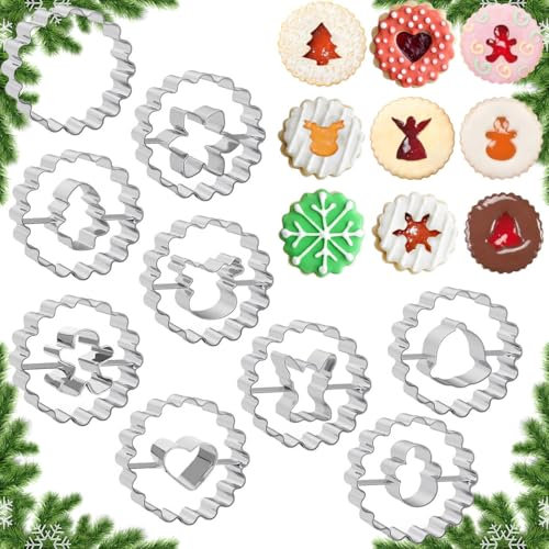 9 Stück Linzer Ausstecher Set, FUKPO Ausstechformen Kekse Weihnachten Edelstahl Klein Rund, Mini Plätzchenausstecher Herz Keksausstecher Glocke Plätzchen Ausstecher Lebkuchenmann Schneeflocke Engel