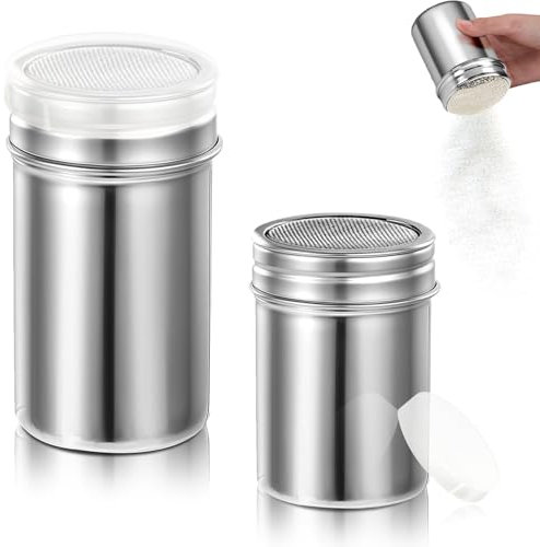 Icing Sugar Shaker, Chocolate Shaker for Cappuccino, 12.5oz and 9oz Stainless Steel Chocolate Powder Shaker, Flour Shaker for Kitchen Restaurant and Camping