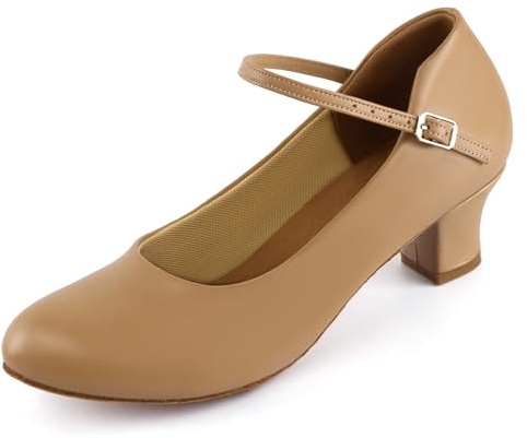 Linodes Economy PU Leather Ankle Strap Character Shoe 2'' Ballroom Dance Shoes for Women-Brown-8.5M