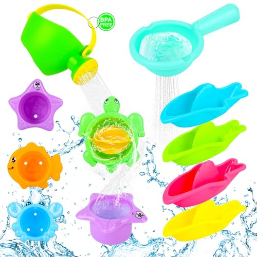 Jouet de Bain Bébé 10 Pièces à Partir de 1 an, Jouets de Bain Enfant Anti-Moisissure en Matériau Doux sans BPA, Jouet d'eau pour Piscine, Plage & Bac à Sable, Cadeau pour Filles & Garçons