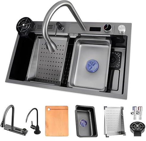 Lavello da Cucina a Cascata con Una Vasca Grande, lavello da postazione di Lavoro, Display della Temperatura, con risciacquatore per Bicchieri, portacoltelli, Filtro di Scarico e Accessori (