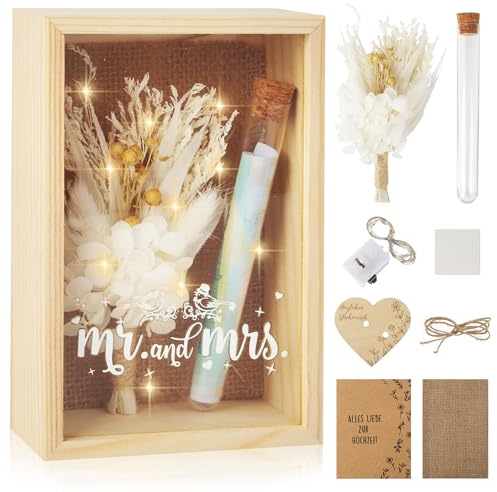 Caja Regalo Boda de Madera,Regalo de Dinero para Bodas,Incluye Flores secas,Cajas de Madera,Botellas de reactivos de plástico,Cadenas de lámparas,Tarjetas de felicitación,etc.Aniversario de la Boda