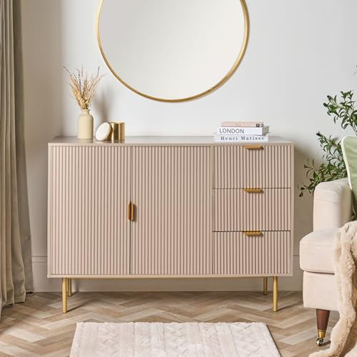 OHS Sideboard Storage Cabinet, Decorative Ribbed Wooden Buffet Storage Cabinet with 2 Doors and 3 Drawers Living Room Hallway Kitchen Sideboard, Taupe - 120 x 40 x 77cm