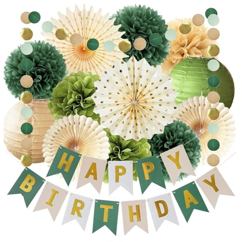 Decorazioni verdi per feste di compleanno, lanterne di carta, ghirlanda circolare, ventagli di carta da appendere, decorazione di compleanno, decorazione per feste verde salvia con striscione Happy