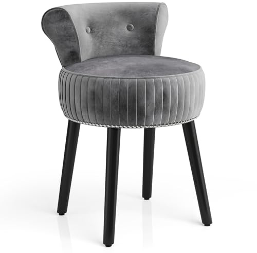 COSTWAY Dressing Table Stool, Upholstered Velvet Vanity Stool Chair Footrest with Rubber Wood Legs and Tufted Low Back, Comfy Accent Makeup Chair Seat Footstool for Bedroom Living Room (Grey)