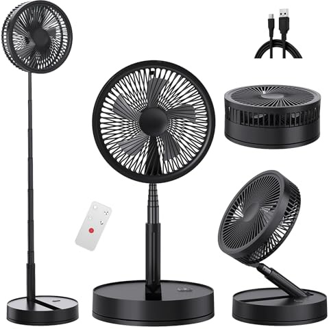 Portable Standing Pedestal Fan Rechargeable - 8000mAh 8.6 inch Electric Silent Oscillating Floor Fan with Remote Control,USB Battery Telescopic Foldable Desk Table Fans for Bedroom Camping Travel