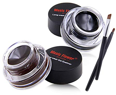 Music Flower Eyeliner, Gel EyeLiner Longue Durée Imperméable Noir et Marron Avec 2 Pinceaux, Facile à Appliquer Maquillage pour Les Yeux également Facile à Enlever, 0,21 once, Paquet de 2