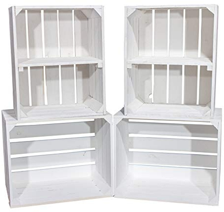 Vinterior DIY Set (4 Kisten) Gemischtes Paket Weiße Holzkisten-Weinkisten/Regal aus weißem Obstkisten mit Zwischenboden -quer-
