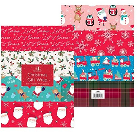 Festive Wonderland 8 Large Sheets of Christmas Wrapping Paper - Assorted Designs - 70x50cm