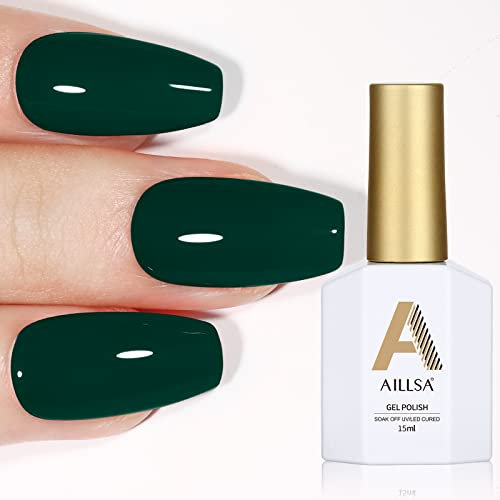 AILLSA Green Gel Nail Polish, 15 ML Emerald Color, Dark Green Nail Varnish, UV/LED Nail Lamp, Christmas Green Color Salon & Home Use