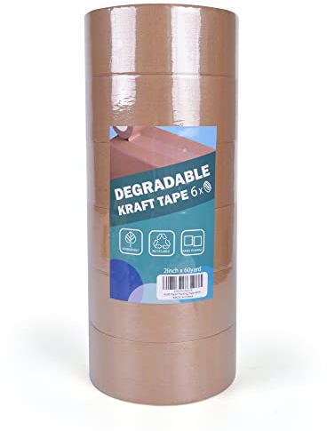 TAPEBEAR Umweltgerechtes Kraftpapier Klebeband, Abbaubar Papier Klebeband Verpackungsband, Recycelbar Braun Papier Packband, 2inch x 60yard, 6Rollen