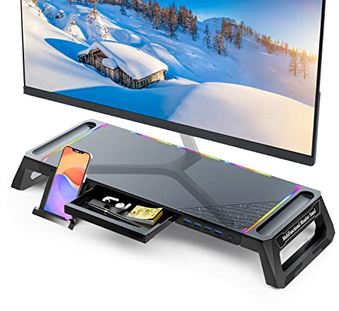 MOOJAY Soporte de Monitor para Escritorio Gaming con Luces RGB y 4 Hub USB 3.0, Soporte de Pantalla de Ordenador Plegable con Cajón y Bandeja para Bolígrafos, Elevador de Monitor para PC/iMac-Negro