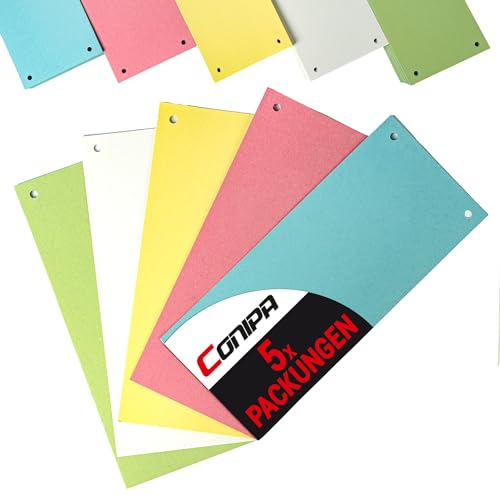 Conipa® - 500 Stück Trennstreifen für Ordner DIN A4 Bunt 5-farbig (MADE IN GERMANY) gelocht - Trennblätter aus RECYCELTEN KARTON (240x105mm) - Trennlaschen & Trenner zur Unterteilung schmal aus Pappe