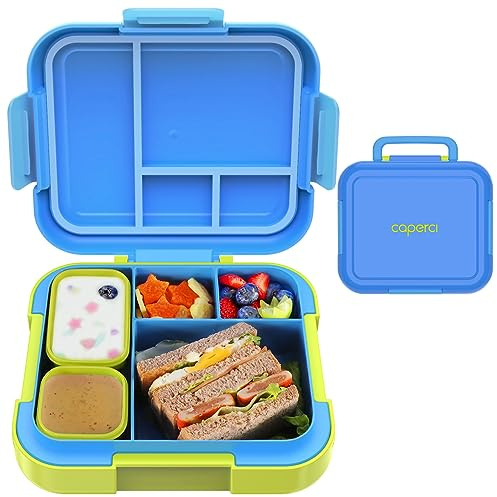Caperci Bento Lunch Box for Kids - Large 4.8 Cups Lunch Container with 2 Modular Containers - 4 Compartments, Leak-Proof, Portable Handle, Microwave/Dishwasher Safe (Blue/Juicy Pear)