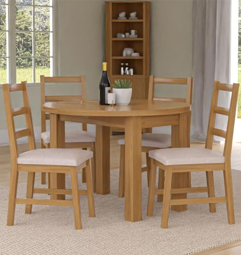 Hallowood Furniture Waverly Oak Small Round Dining Table and Chairs Set 4 | 55-100cm Solid Oak Drop Leaf Table Table and Chairs with Ladder Back and Beige Fabric Upholstery, Farmhouse Dining Room Sets