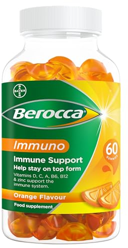 Berocca Immuno Multivitamin Gummies - Immune System Support Including Vitamin D, C, A, B-Complex (B6, B7, B12), E and Zinc - Supplement for Women, Men and Kids - 60 Gummies - Orange Flavour