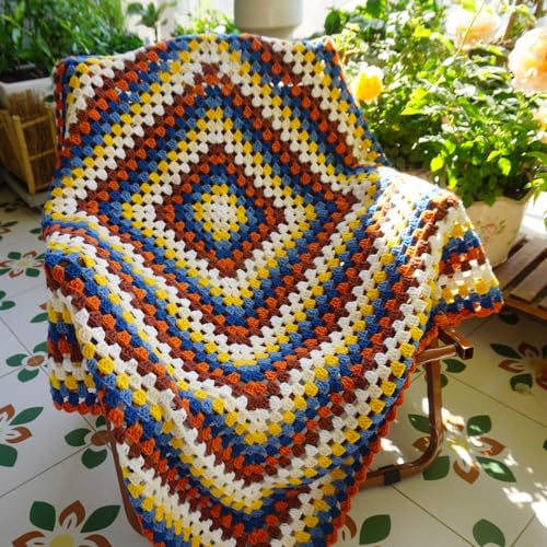 CZQLWW Handmade Crochet Granny Square Throw Blanket Sweater Style,Crochet Quilt,Multicolor Boho Travel Accent Throw for Sofa Comforter Couch Bed Recliner Living Room Bedroom Decor 43 x43 (B)