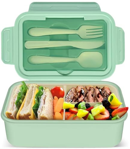June tech 1400ml Bento Lunch Box Container with 3 Compartments Lunch Box for Adults Lunch Boxes with Cutlery Set BPA Free Sandwich Box for Kids Snack Box for School Kindergarten Office (Green)