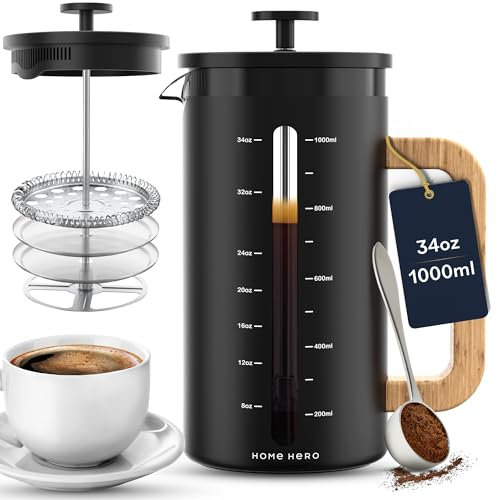 Home Hero French Press Kaffeemaschine – 963.9 g Kaffeepresse mit Bambusholzgriff, hitzebeständiges dickes Borosilikatglas, französische Pressen, 4-lagiger Filter, French Press Edelstahl (schwarz)