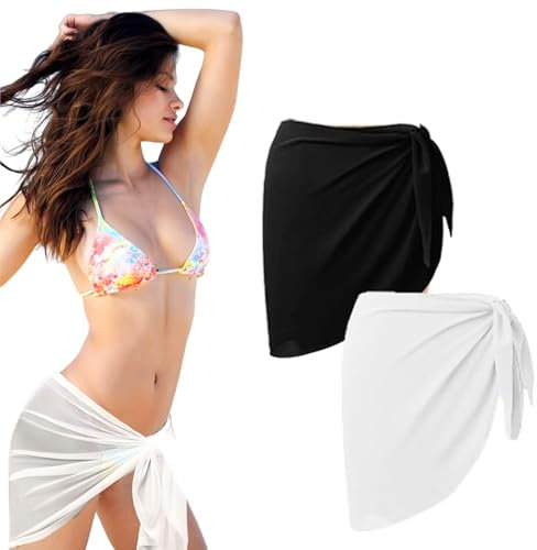 HALOULENI 2 Pcs Women's Bikini Cover Up Sarong Wrap Sheer Short Skirt Beach Dress - Chiffon Swimwear Swimsuit