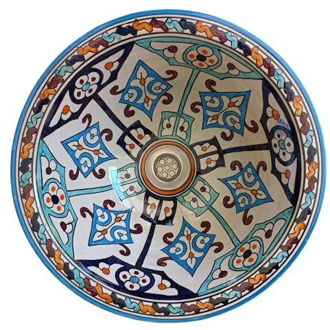 Lavabo de cerámica redondo marroquí para empotrar o colocar 35 cm fregadero de mano lavabo cuarto de baño V12