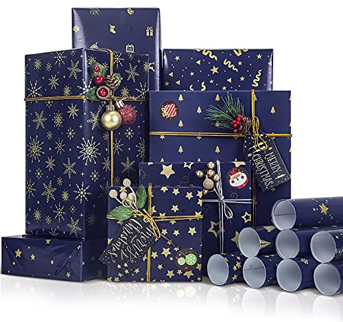 Larcenciel Rollo Papel Regalo Navidad Azul y Oro - 8 Diseños 43x100CM Con Pegatina y Cuerda - Papel Envolver Con Copos de Nieve, Estrellas y Árboles