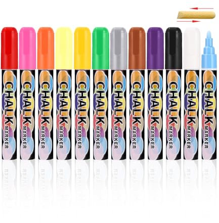Bixury Whiteboard Stifte 12 Farben Whiteboard Marker Kreidestifte für Fenster Neon Kreide Stift Chalk Marker 2 in 1 Kreidemarker Rundspitze Abwischbar von Whiteboards für Glas Tafeln Zeichnung