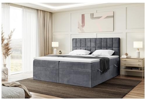 MEBLINI Boxspringbett mit Bettkasten - 180x200 - Gepolstert Doppelbett mit Matratze und Topper - Polsterbett mit Stauraum - Bett mit Kopfteil - Stauraumbett - Lukas - H3/Dunkelgrau Samt