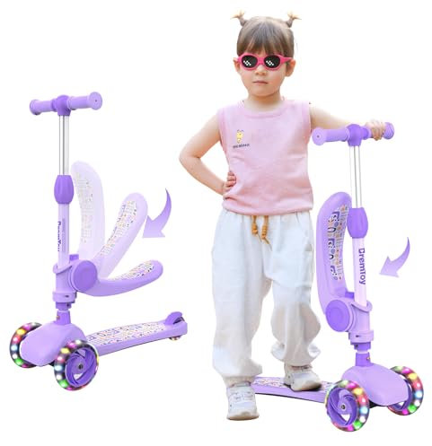 BremToy Roller Kinder ab 2 3 4 Jahre, Kinderroller mit Sitz, Scooter Kinder Mädchen Junge, Tretroller mit Leuchträdern, Höhenverstellbarer Kickscooter für Kleinkinder Lila