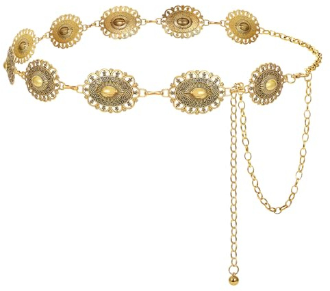 WERFORU Dam, västerländsk kedjebälte, justerbar 110–150 cm, midjekedja, metall, guld/silver, cowgirl tillbehör för klänningar, fest, bröllop, A-guld (blomma), Gesamtlänge 150cm (Passt Taille unter