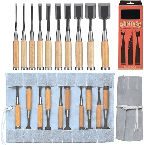 SHINTARO Autentisk japansk mejsel uppsättning av 10 stycken (3 mm, 6 mm, 9 mm, 12 mm, 15 mm, 21 mm, 24 mm, 30 mm, 42 mm), med läderfodral (3, 6, 9, 12, 15, 21, 24, 30, 36,42 mm)
