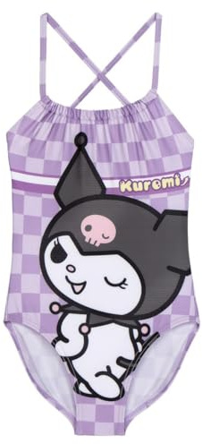 Hello Kitty Kuromi Swimsuit for Girls, Hello Kitty and Kuromi Design One Piece Swimsuit for Children, Sizes 3 to 12 Years, lilac, 8 Years