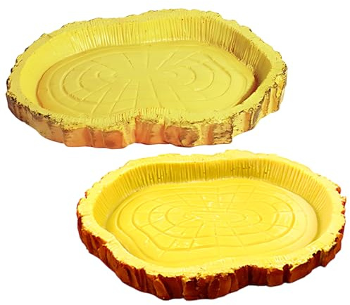 EujRcf 2PCS Tortoise Accessories, Tortoise Water Bowl Set, Small Reptile Water Dish with Yellow Wood Grain Design, PVC Material, Ideal for Tortoise Enclosure, Feeding Small Reptiles