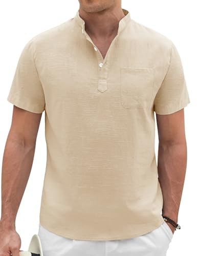 Voqeen Chemise Lin Homme Henley Tee Shirt Décontractés Chemise Manches Courtes Col Mao Été Chemisette De Plage sans Col À Boutons avec Poche