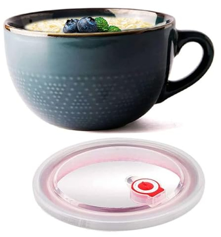 Licsaliwe Taza de sopa de cerámica de 700ml con tapa y asas, cuenco apto para microondas para cereales, avena y ramen, fácil de limpiar