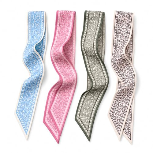 GHKJOK Skinny Scarf Set in Floral Stripes Polka Dots - 4-Piece Slim Hair Head Bandana Neckerchief for Women, Versatile Ribbon Styling Accessories, Lightweight Spring Summer Gift