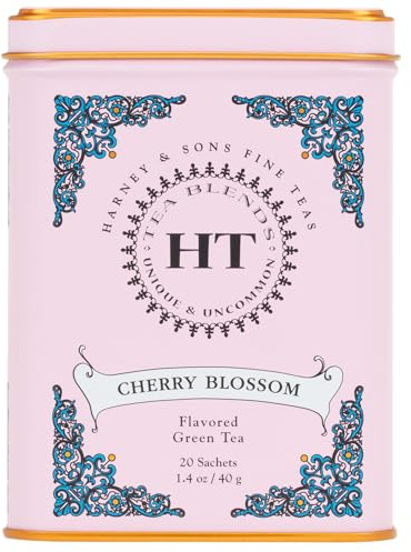 Harney & Sons Caffeinated Blossom Green Tea Tin Sachets Pink 31629, Cherry, 20 Count (Pack of 1)