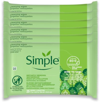 Simple Kind to Skin Facial Wipes for Women, Gentle Cleansing, 6 Pack Set
