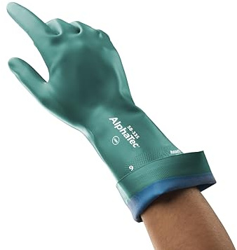 Ansell AlphaTec 58-335 Chemical Resistant Work Gloves, High Performance Nitrile, Two-Layered Coating Construction, Industrial Safety PPE Men Women, High Protection, Green, Size M (12 Pairs)