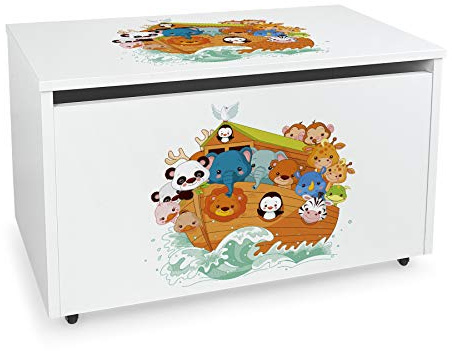 Leomark Coffre de Rangement pour Enfants - Arche - Organisateur à jouets en bois, Conteneur à jouets, banc réglable, sur roulettes, Dimensions: L 71 x P 40 x H 46 cm
