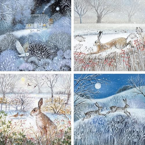 Museums & Galleries Charity Christmas Cards Pack of 20 - Festive Hares & Owls in the Snow - Assorted Premium Greeting Cards Multipack with Envelopes - 5 Each of 4 Designs - Supporting UK Charities